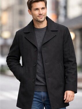London Fog Men’s Black Wool Blend Coat Size L Classic Peacoat Winter Jacket
